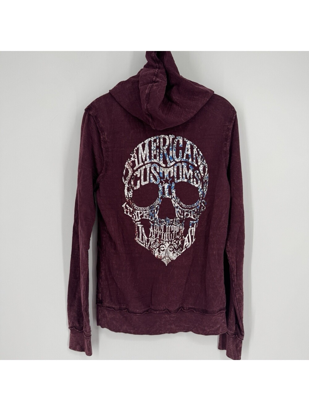 Affliction top womens large L burgundy skull mineral wash distressed patriotic
